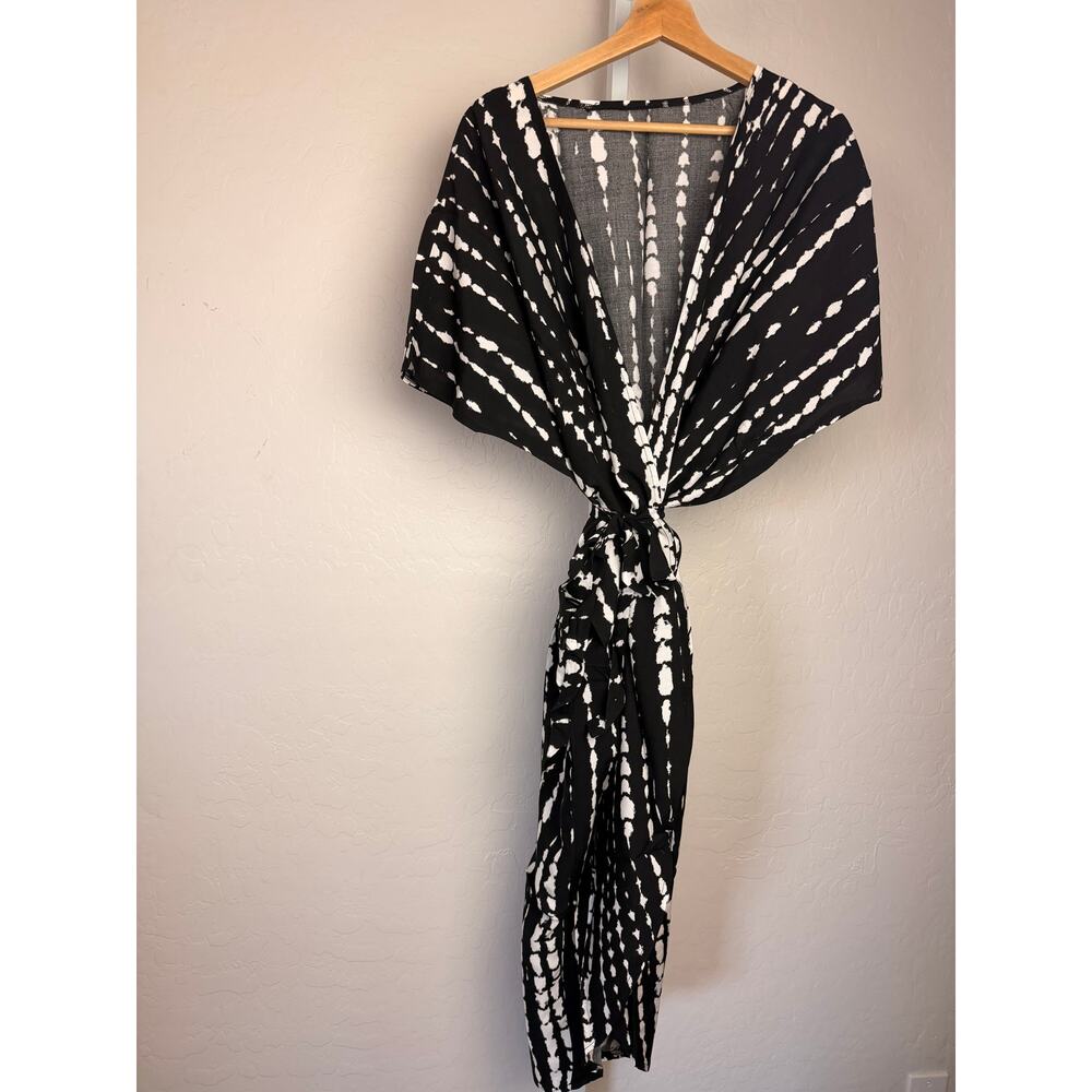 Womens Swim Cover Up Kimono Black White Tie Dye Belted One Size NWOT